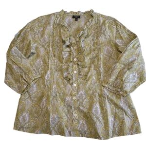 Talbots Green Paisley Ruffle Front Button Down Blouse Shirt Cotton Office Petite